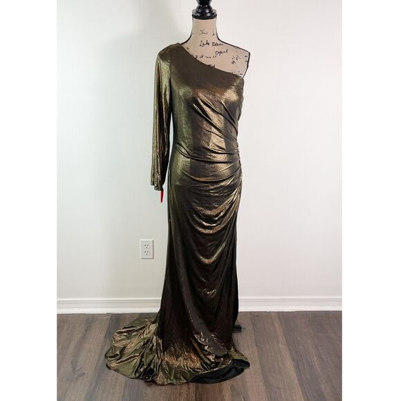 La Femme Curve NWT Metallic 28878 One Shoulder Long Sleeve Gown Black Gold 12 - Picture 3 of 7